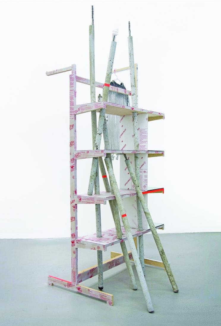 SV Randall, Waiting for sawfish to cut our canoe, 2016, Cast concrete, wood plexiglass, mirrors, fluorescent tape and resin on found fabric.