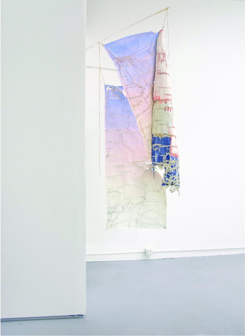 SV Randall, risesun / setsun, 2017, Acrylic paint on vinyl, wooden dowels, twine, aluminum hardware.