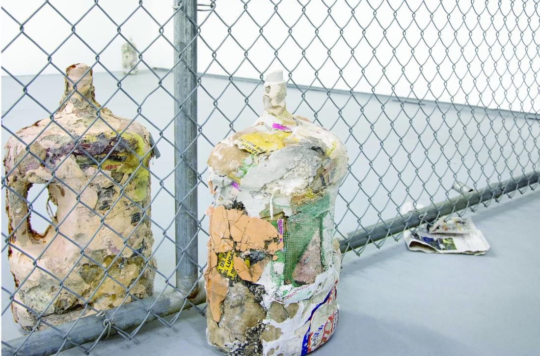 SV Randall, Accumulation jugs, 2017, Found objects with plaster, dirt and mortar powder.