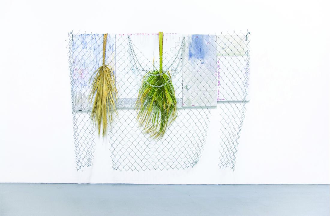 SV Randall, Chainmail, 2017, Acrylic paint on found signage, palm fronds, galvanized steel, and aluminum foil.