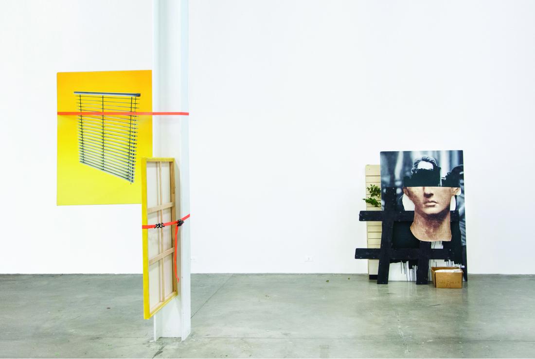 SV Randall, Window Blinds and Sight Lines (installation), 2016, Acrylic on canvas, oil on canvas, digital print, cardboard, wood, magazine display racks, twig and ratchet straps.