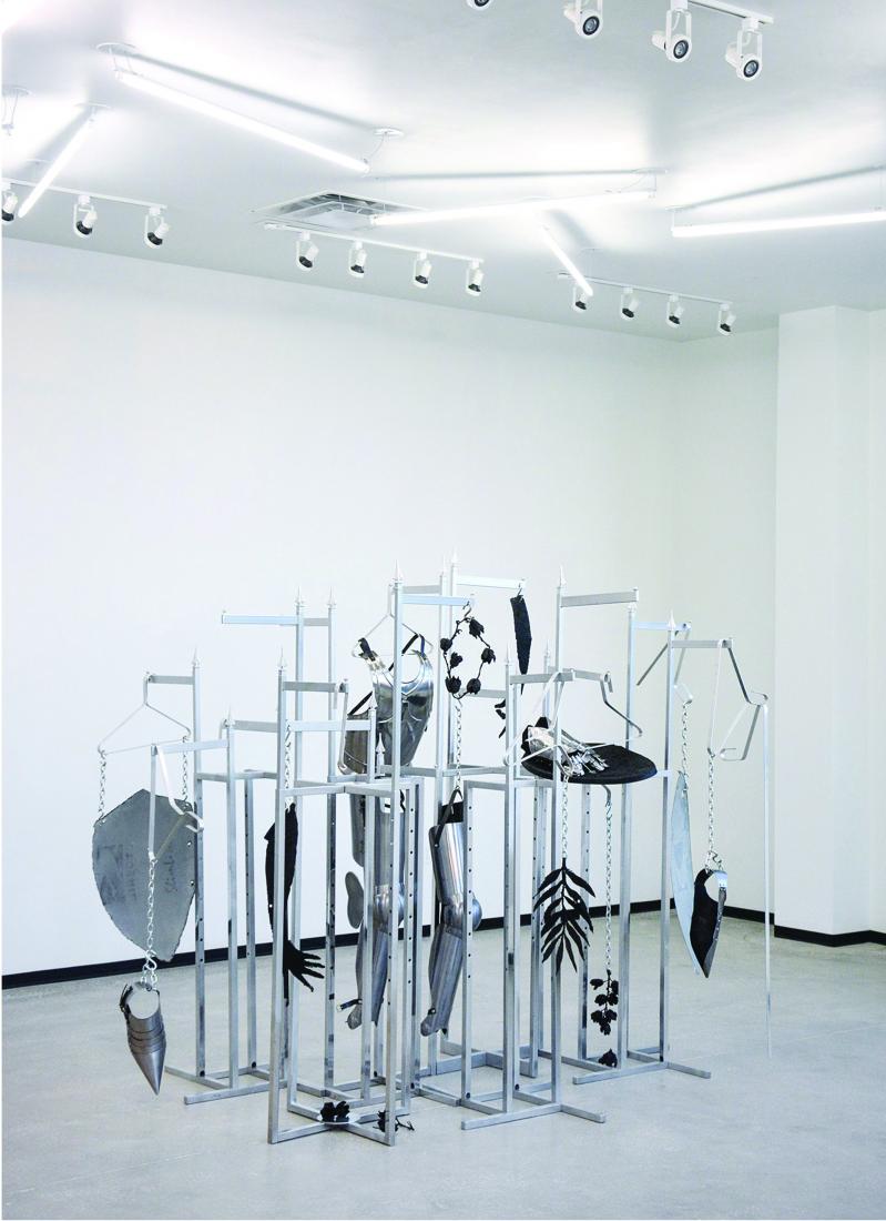 SV Randall, Device suspension chamber, 2017, Steel, leather, cast resin, scoria (volcanic rock), aluminum, and satellite dishes.