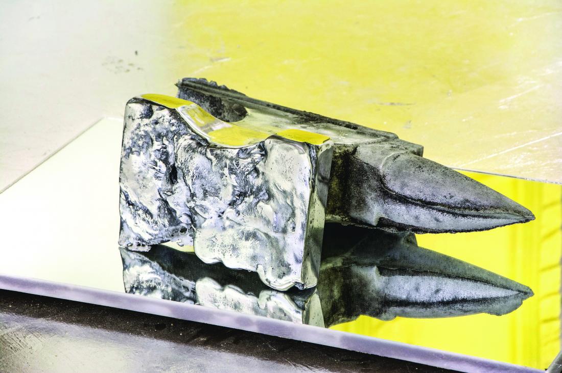 SV Randall, ACME meta meta meta, 2015, Cast aluminum (sourced from melted down contemporary aluminum tools including silverware, pieces of ladders, car parts, cpu heat sinks, and the backs of iphone1s), with mirror and plexiglas