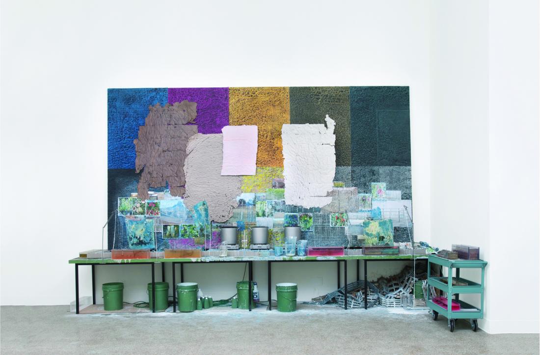 SV Randall, The Curiosity of Con, Petrified Breath, and an Accident known as Blue, 2016, Ferric ferrocyanide (Prussian Blue), salt, water, Elodea plants, Phenol Red (pH indicator), etched paper, rope, milled polystyrene, cast polyurethane, and mixed media